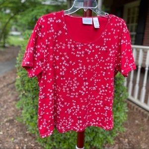 Liz Claiborne Short Sleeve Cotton Tee Shirt - White & Blue Stars on Red